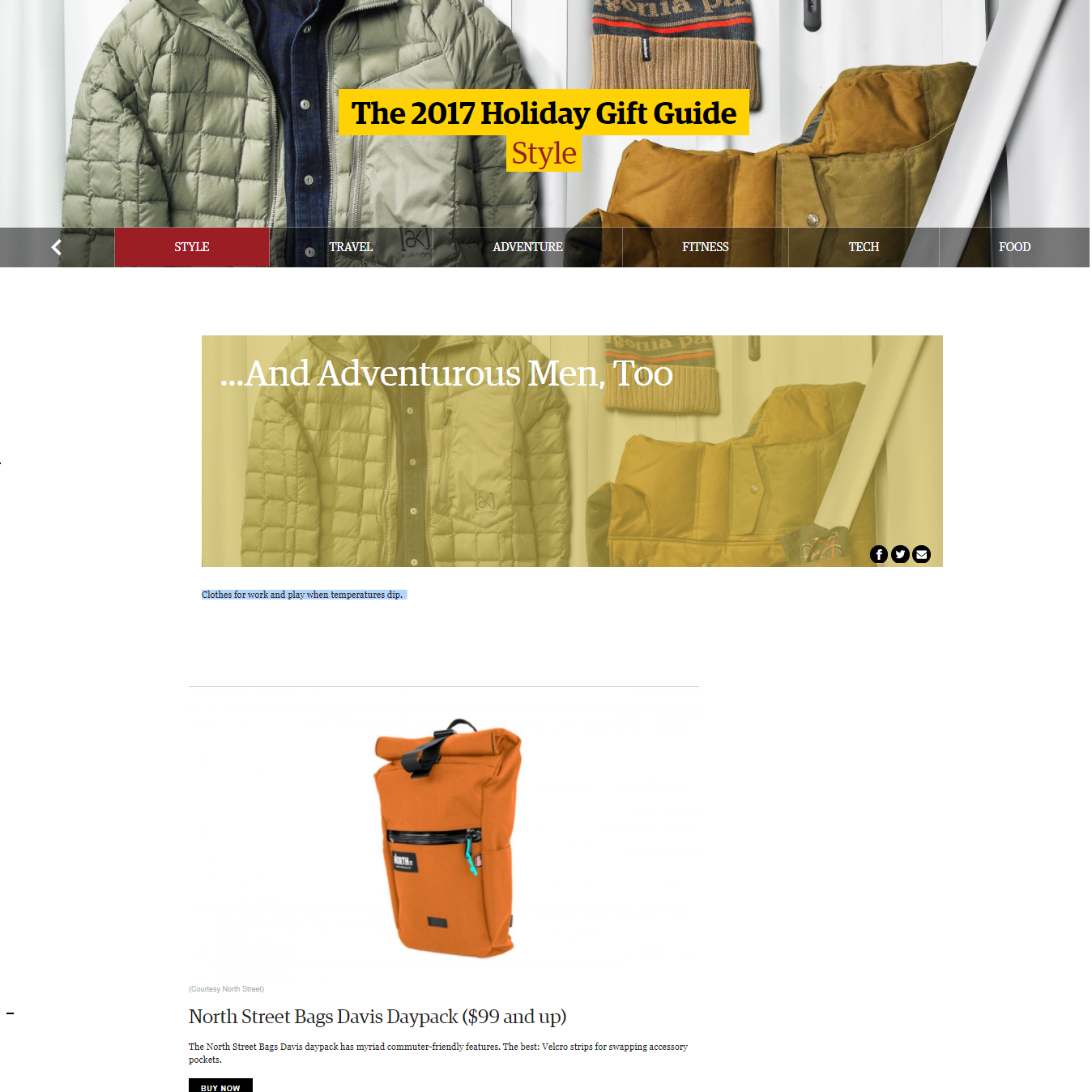 screenshot of outsides 2017 holiday gift guide