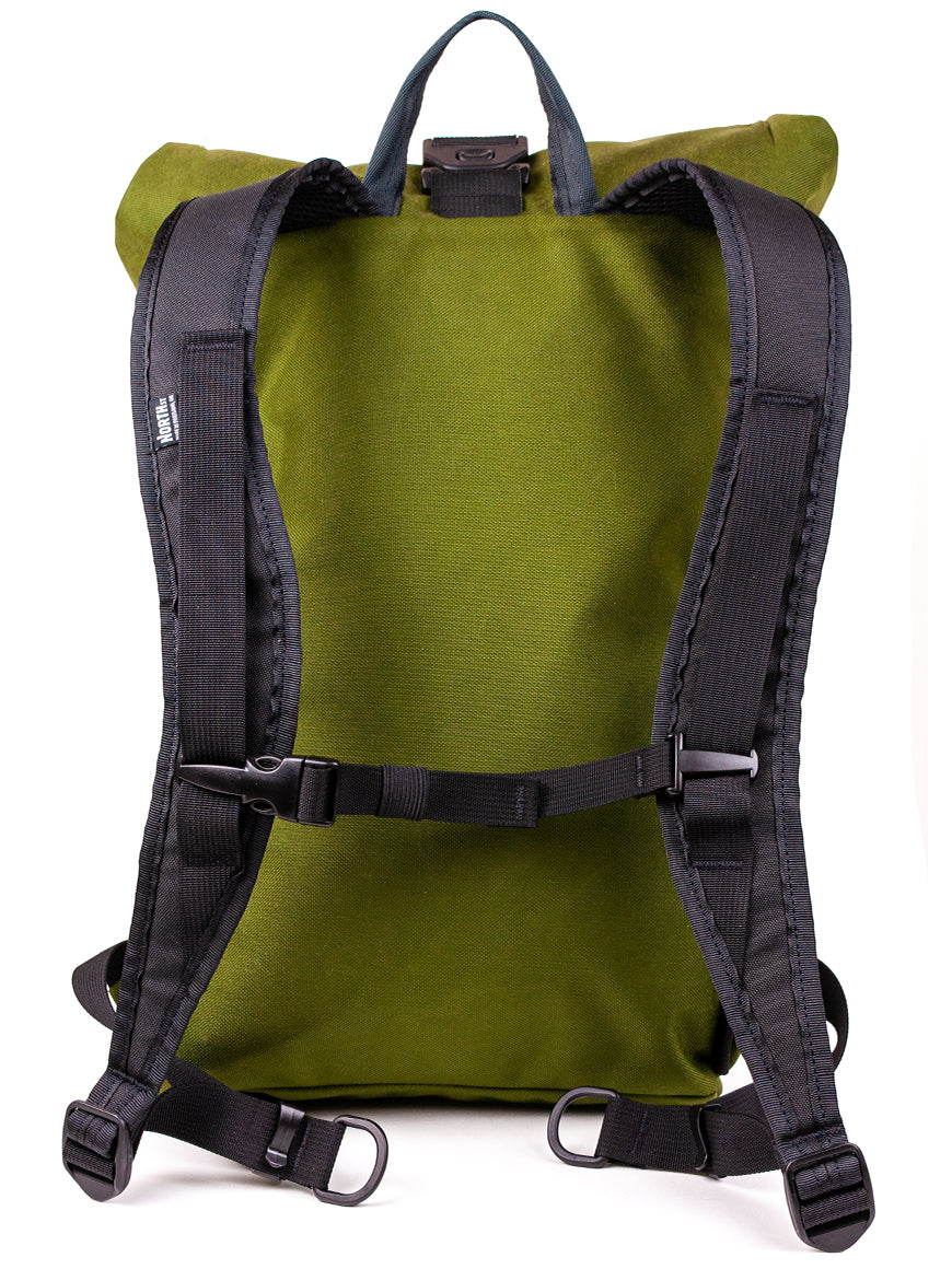 Green backpack with black straps on a white background all-groups