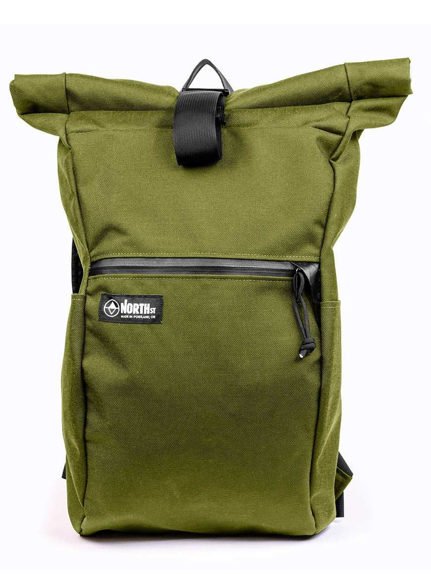 Olive Green roll-top backpack with a visible brand logo on a white background