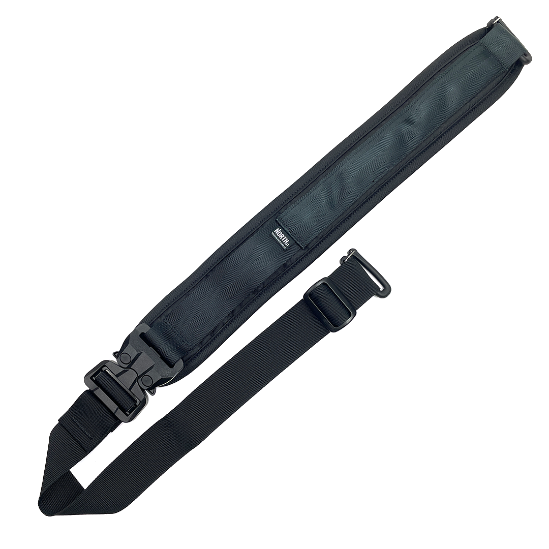 Black tactical belt with a buckle on a white background