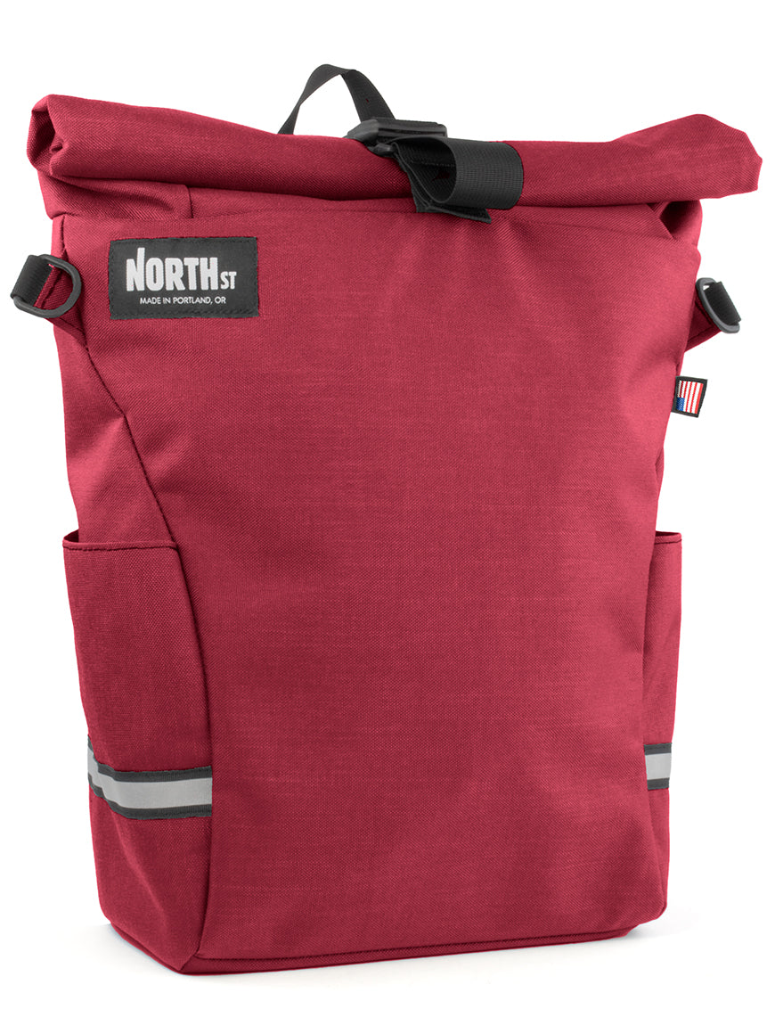 Front view of Route Pannier 24L in nurgundy - North St. Bags