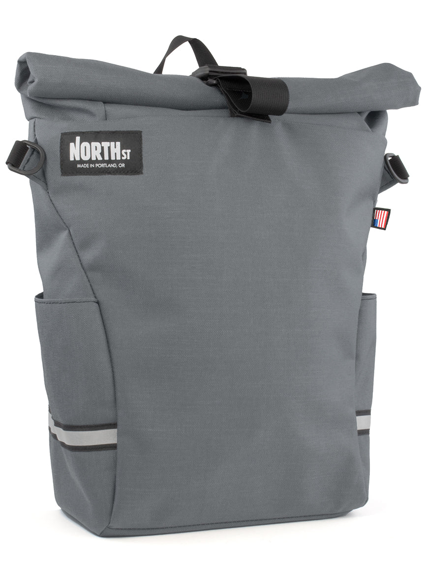 Front view of Route Pannier 24L in gray - North St. Bags