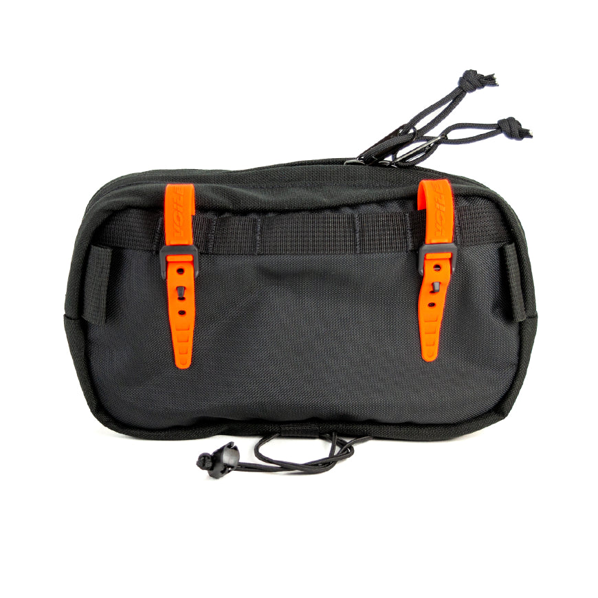 Black pouch with orange straps on a white background
