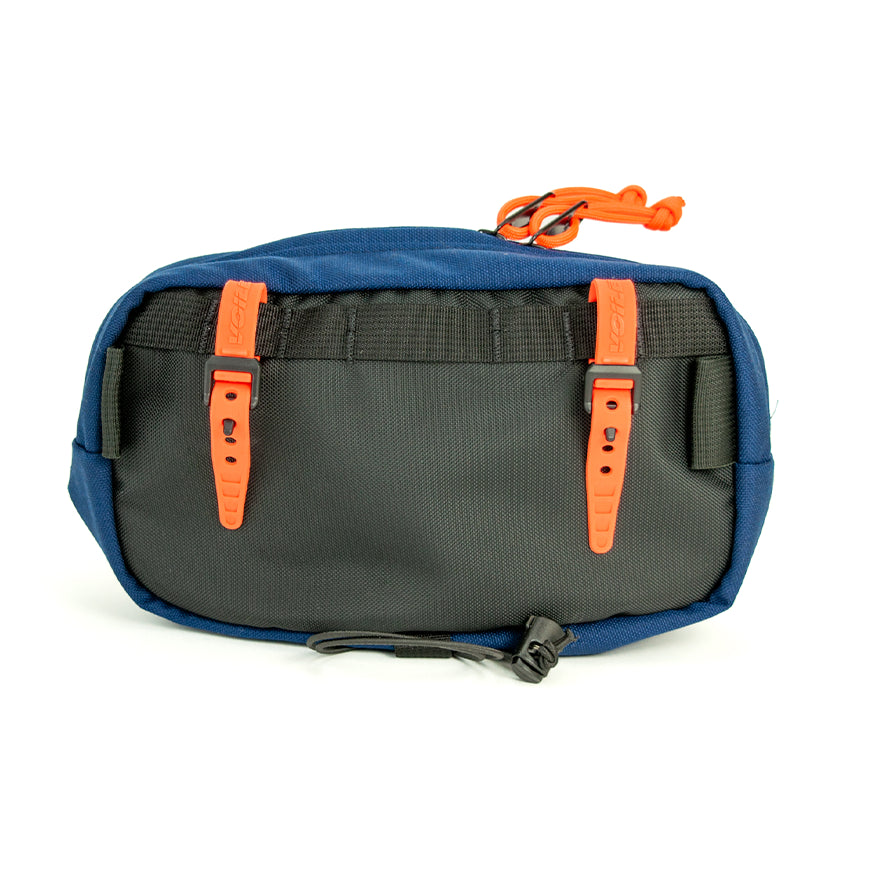 Back view of Midnight Pack and orange straps on a white background.