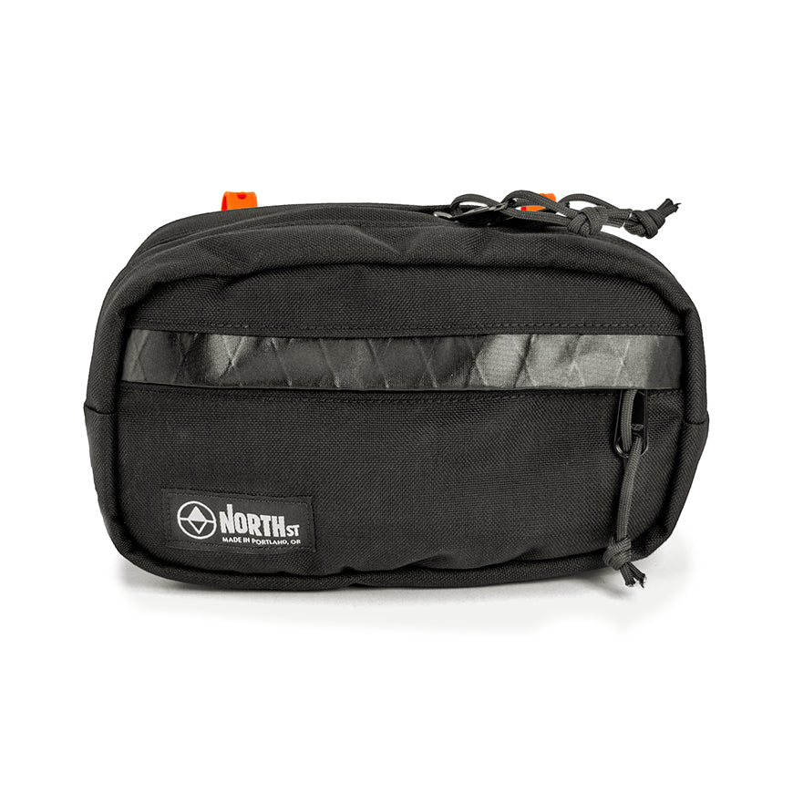 Black Handlebar pouch with logo on a white background.