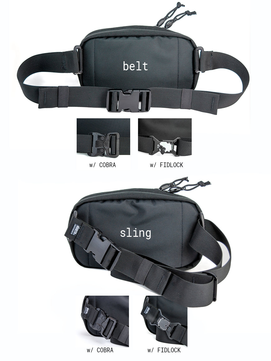 Black waist bag with belt and sling options on a white background. all-groups