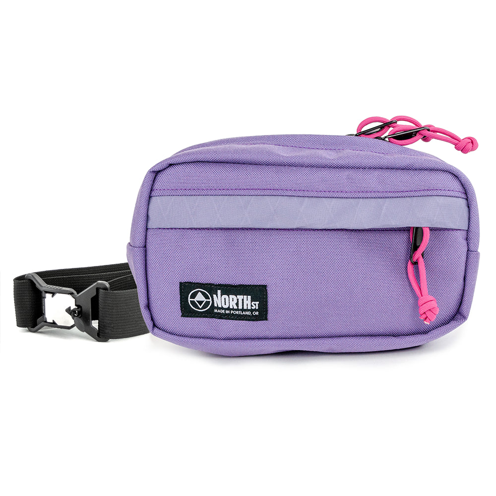 pioneer 9 hip pack in soft purple with a north st label on a white background