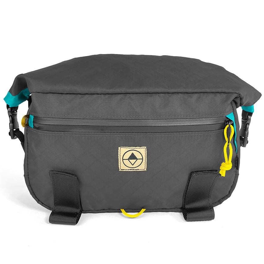 Front view of Roll-Top Trunk Bag in EPX Black and Teal - North St. Bags