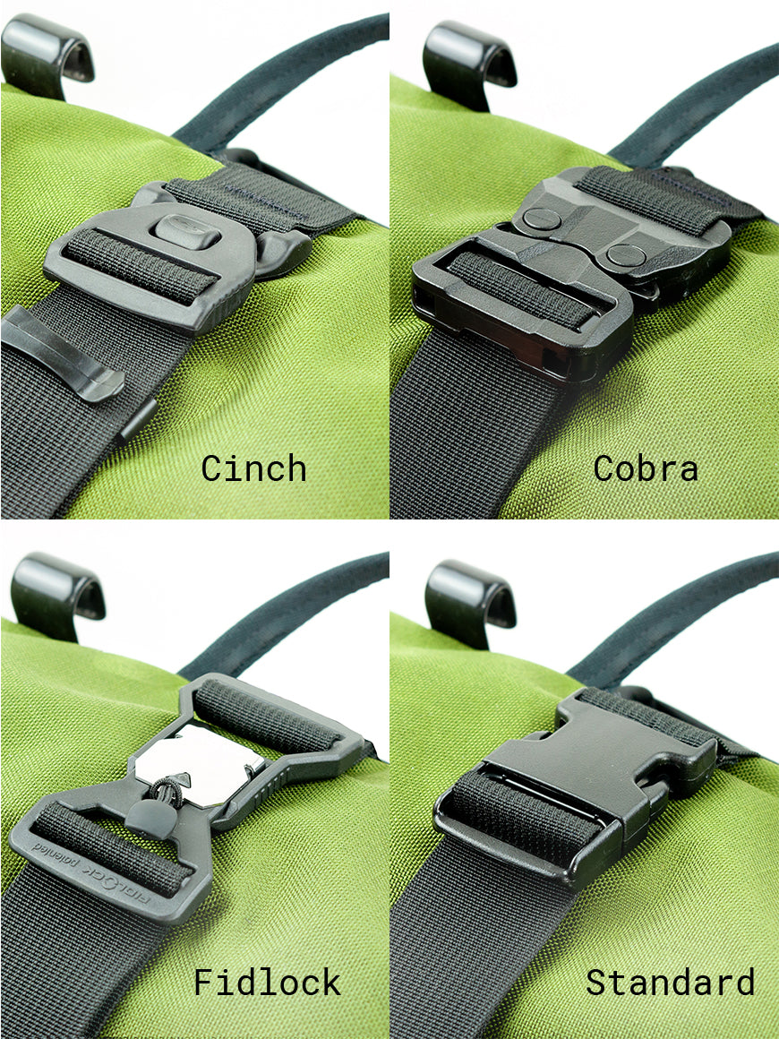 Four types of closure buckles labeled 'Cinch', 'Cobra', 'Fidlock', and 'Standard' on a green green bag. all-groups