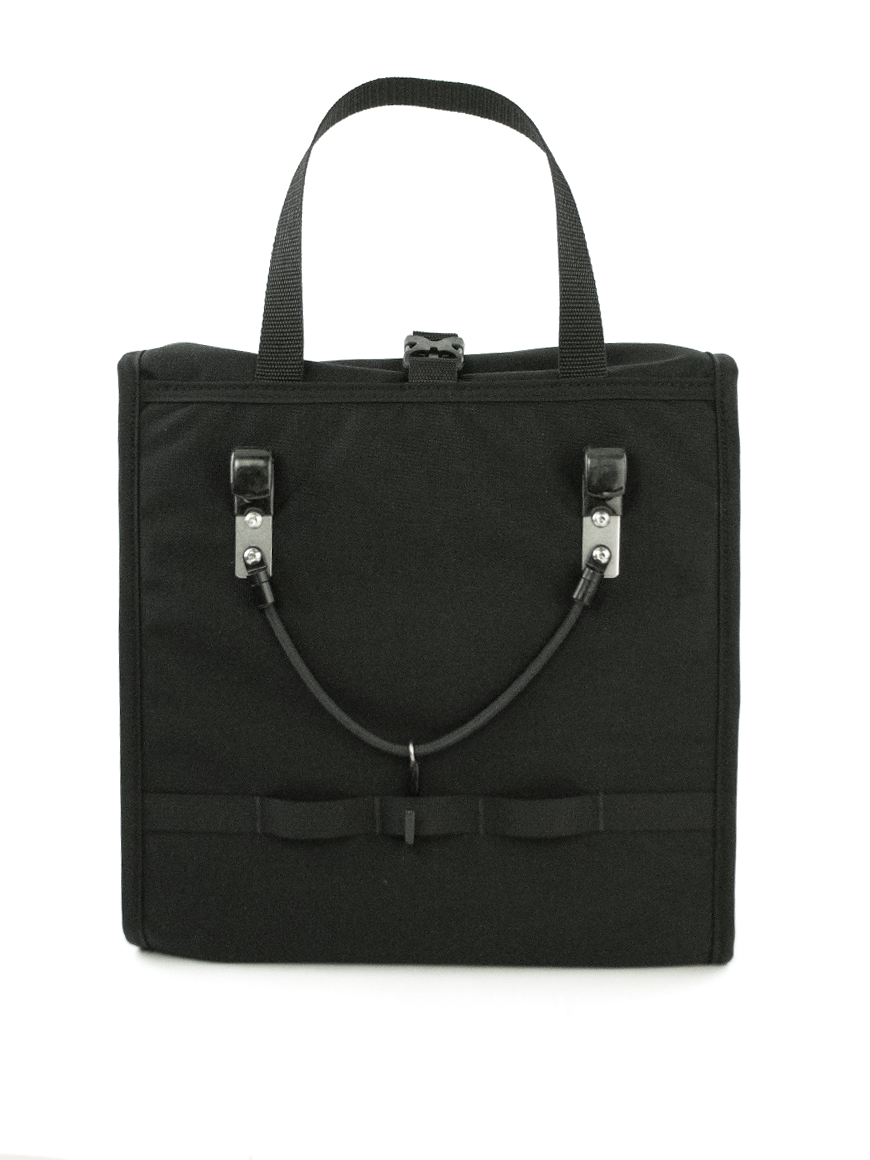 Back view of grocery pannier showing hook and bungee system. - North St. Bags all-groups