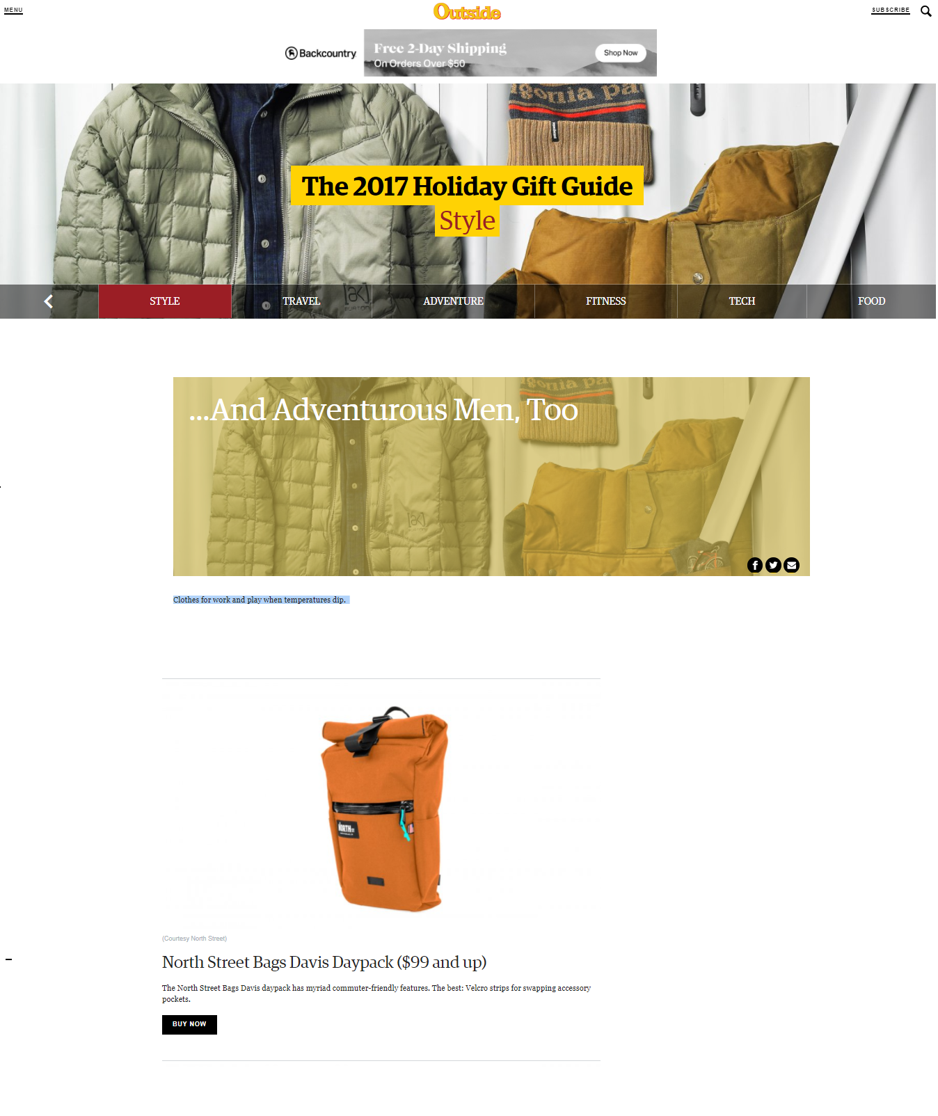 screenshot of outsides 2017 holiday gift guide