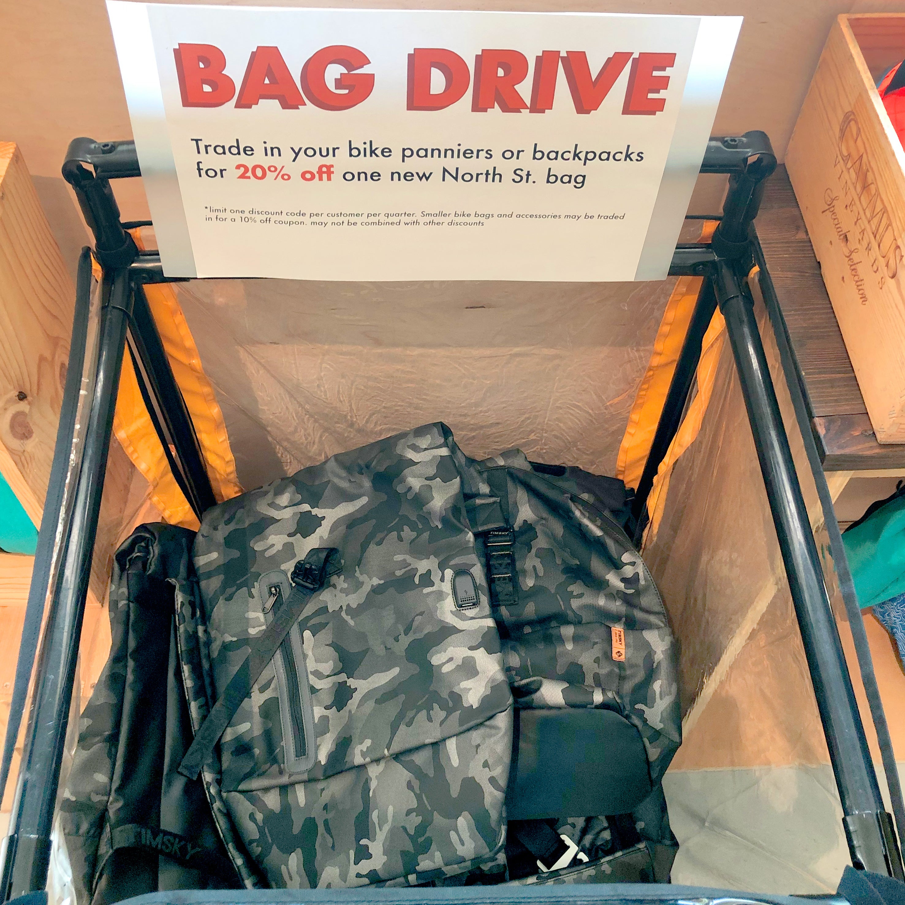 bin of donated bags for the bag drive