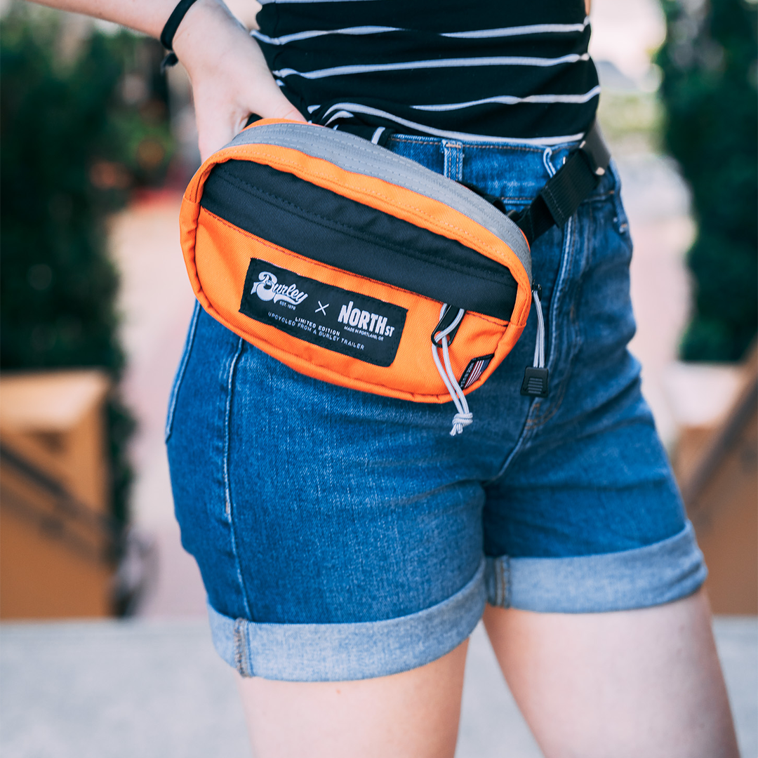 woman wearing upcycled hip pack