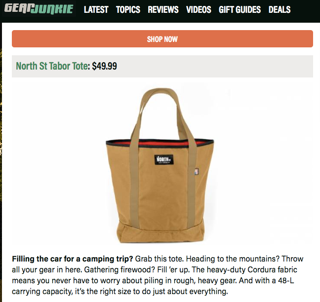 Tabor Tote featured in Gear Junkie's Gifts Made in the U.S.A. Gift Guide