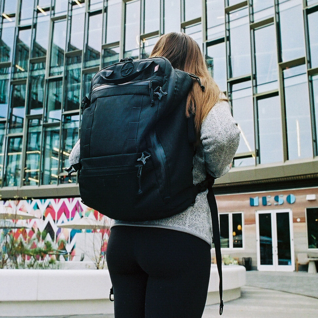 woman wearing travel backpack