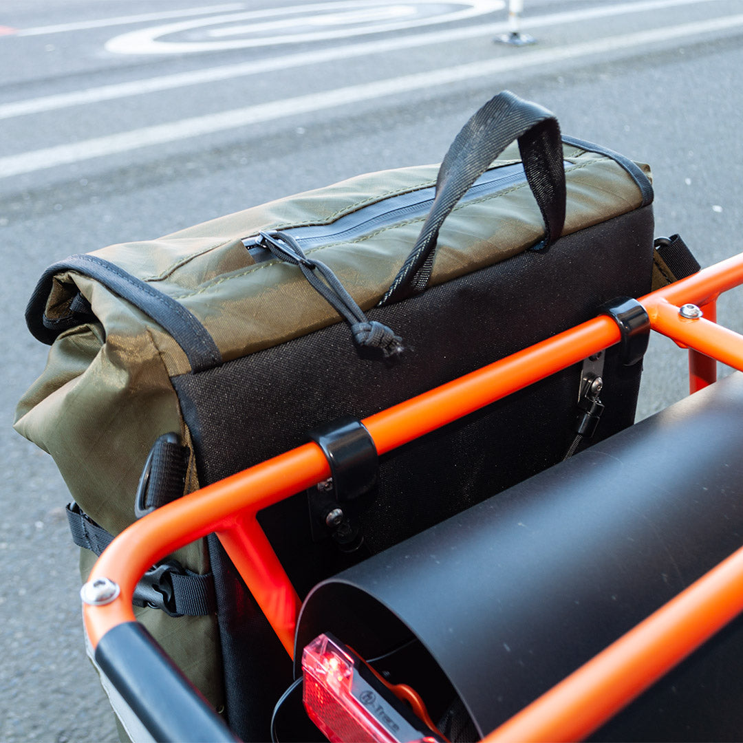 North Street pannier on cargo bike rack | e-bike bags
