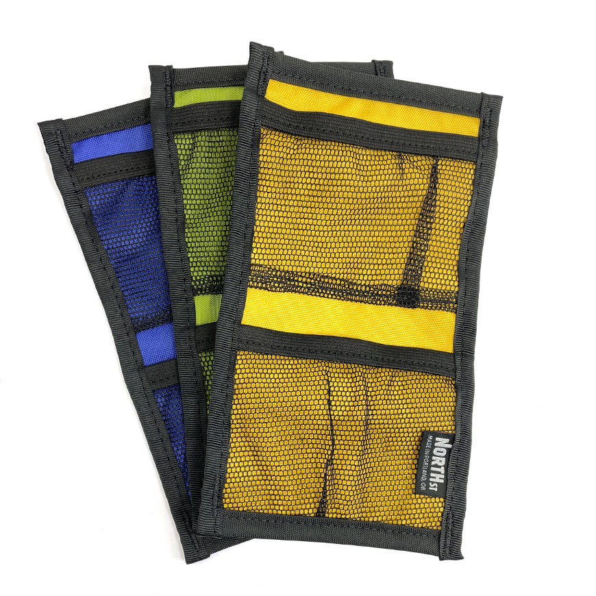 Array of 5 inch Mesh Organizers in yellow, green and blue.  - North St Bags