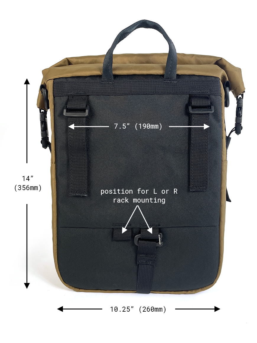 Back view of Adventure Macro Pannier showing detailed specs. Strap spacing is 7.5 inches. Bag is 14in tall and 1.25in wide. - North St Bags all-groups