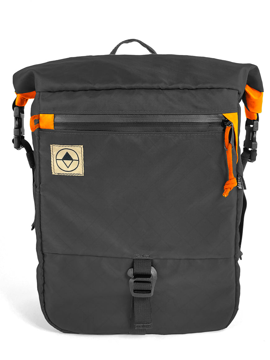 Front view of Adventure Micro Pannier in EPX Black and Orange - North St Bags