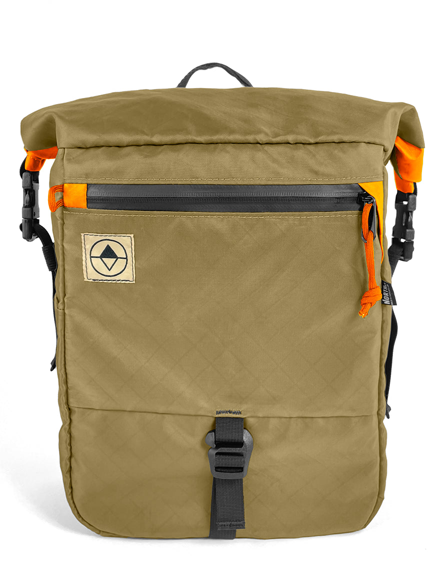 Front view of Adventure Micro Pannier in EPX Coyote and Orange - North St Bags