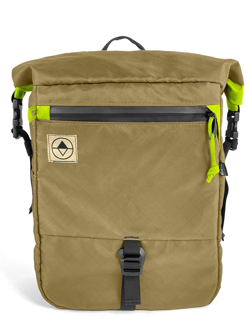 Front view of Adventure Micro Pannier in EPX Coyote and Yellow - North St Bags