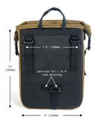 Detail back view of Adventure Micro Pannier showing dimensions and specs. Strap spacing is 7.5in. Width 9in. Height 12in. | North St Bags all-groups