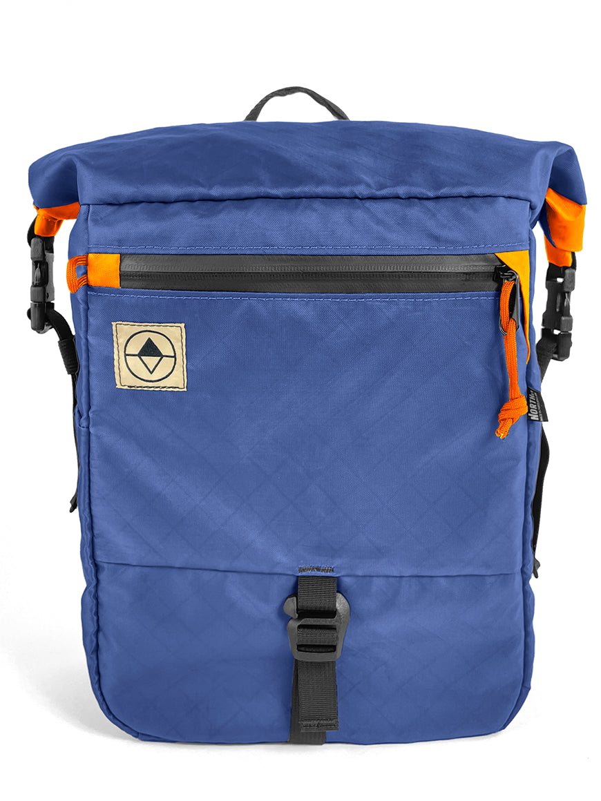 Front view of Adventure Micro Pannier in EPX Ocean Blue and Orange - North St Bags