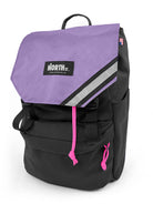 front view of belmont backpack in black and plum