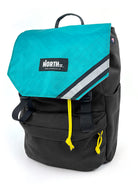 Black backpack with teal top section and yellow drawstring on a white background
