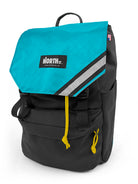 front view of belmont backpack in black and teal