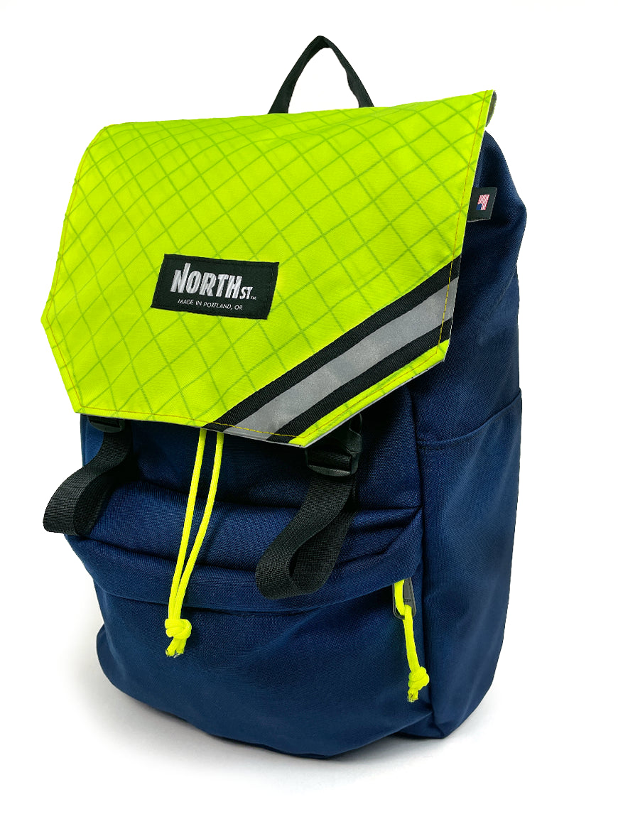 Front view of stylish backpack pannier in midnight and yellow. Morrison Backpack Pannier 22L - North St. Bags