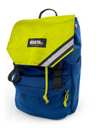 front view of belmont backpack in midnight blue and bright yellow
