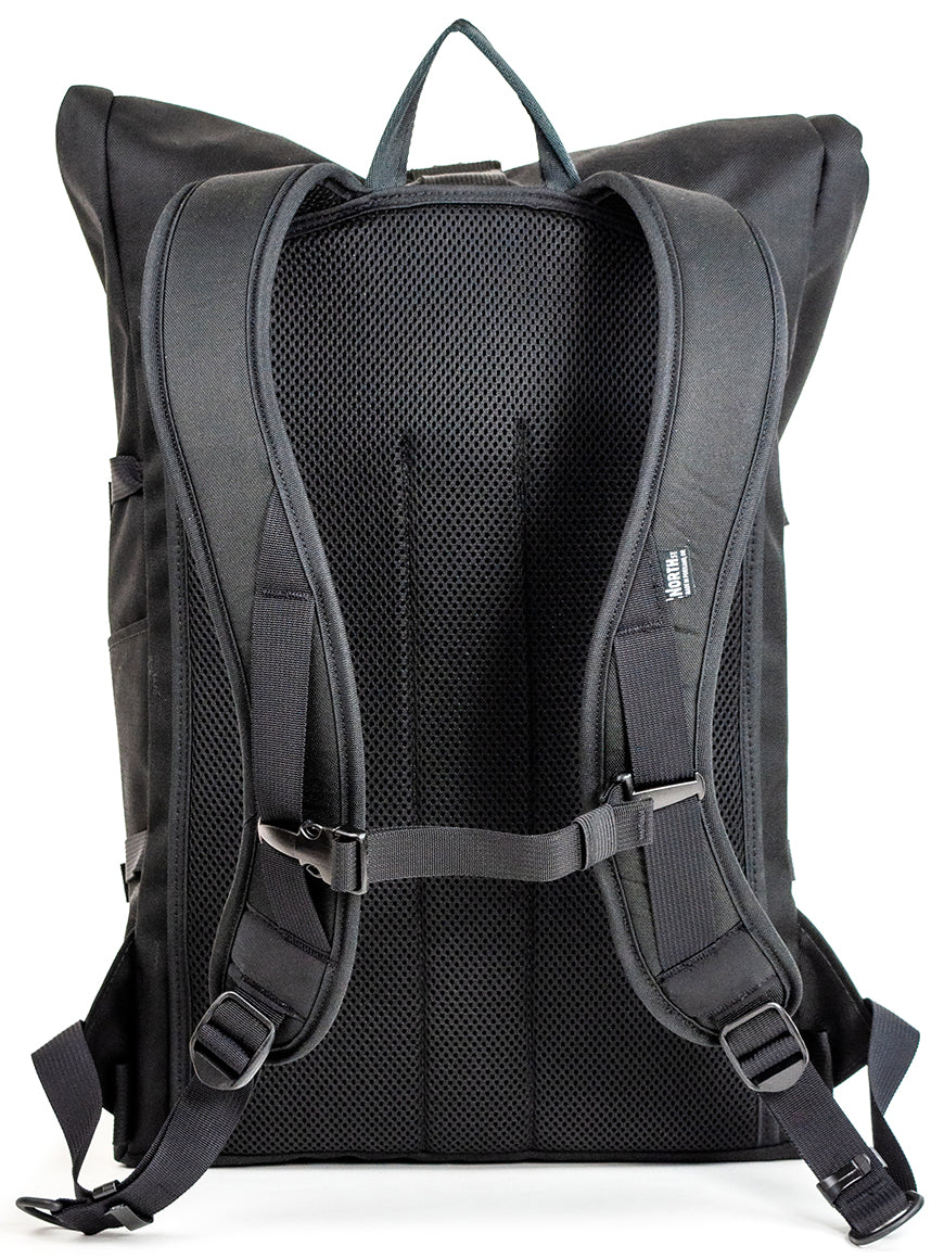 Back view of Black backpack with visible brand logo on a white background. all-groups