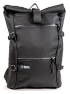 Black backpack with a visible brand logo on a white background