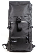 Black roll-top backpack with multiple straps on a white background all-groups