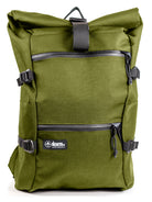 Green backpack with black straps on a white background