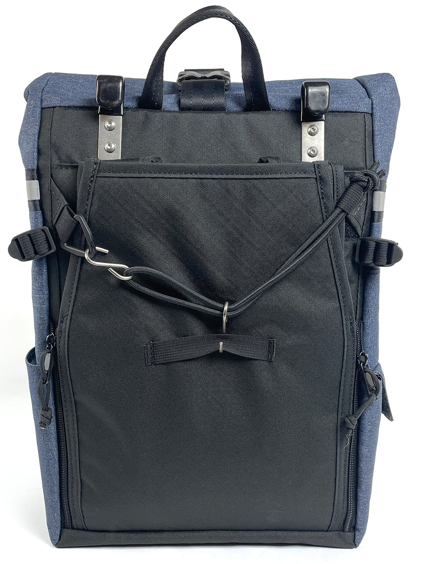 Back view of LTD Woodward Backpack Pannier showing pannier hook and bungee system.  - North St Bags