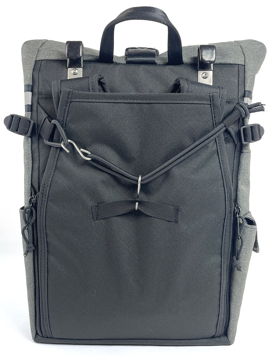 Back view of LTD Woodward Backpack Pannier showing pannier hook and bungee system. - North St Bags