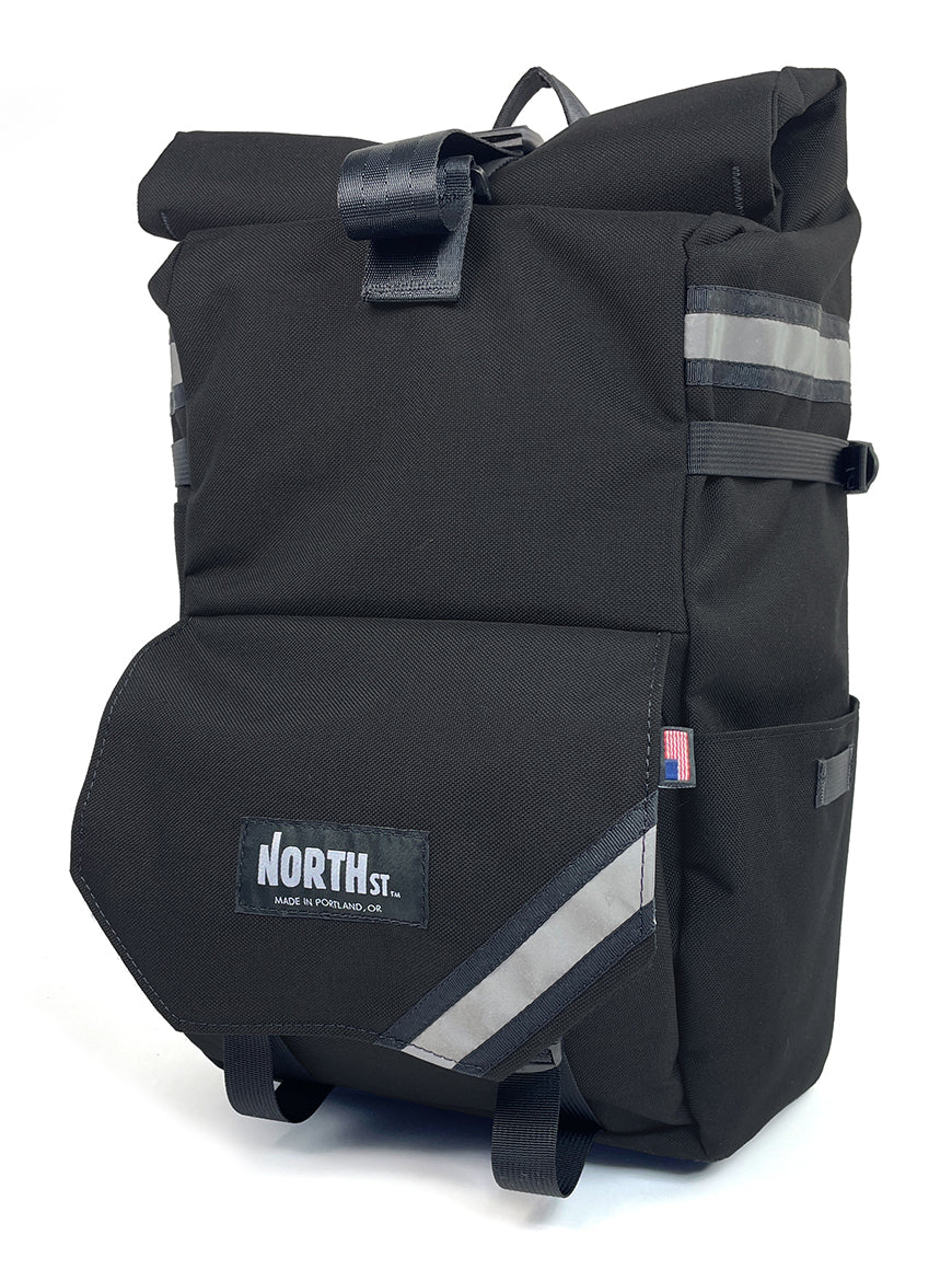 Front view of Woodward Backpack Pannier in black - North St Bags