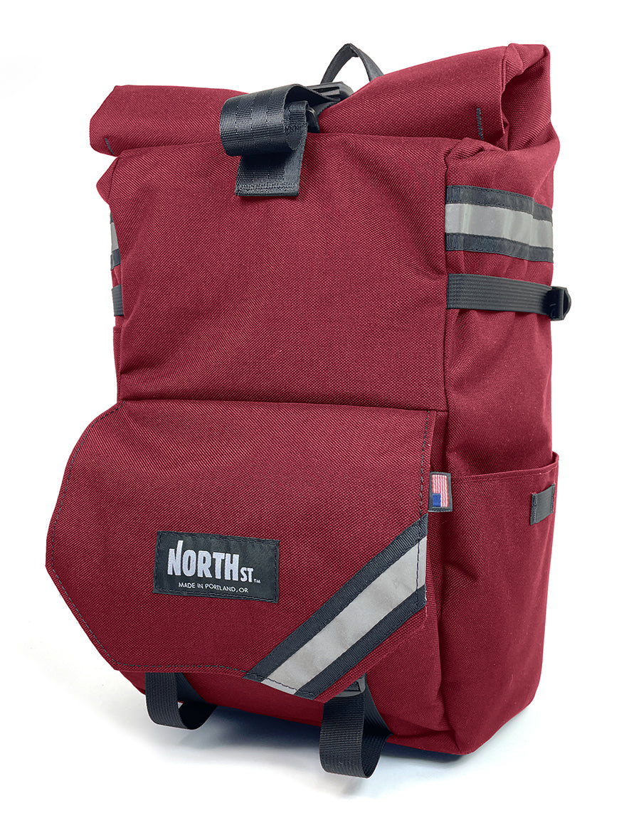 Front view of Woodward Backpack Pannier in burgundy - North St Bags