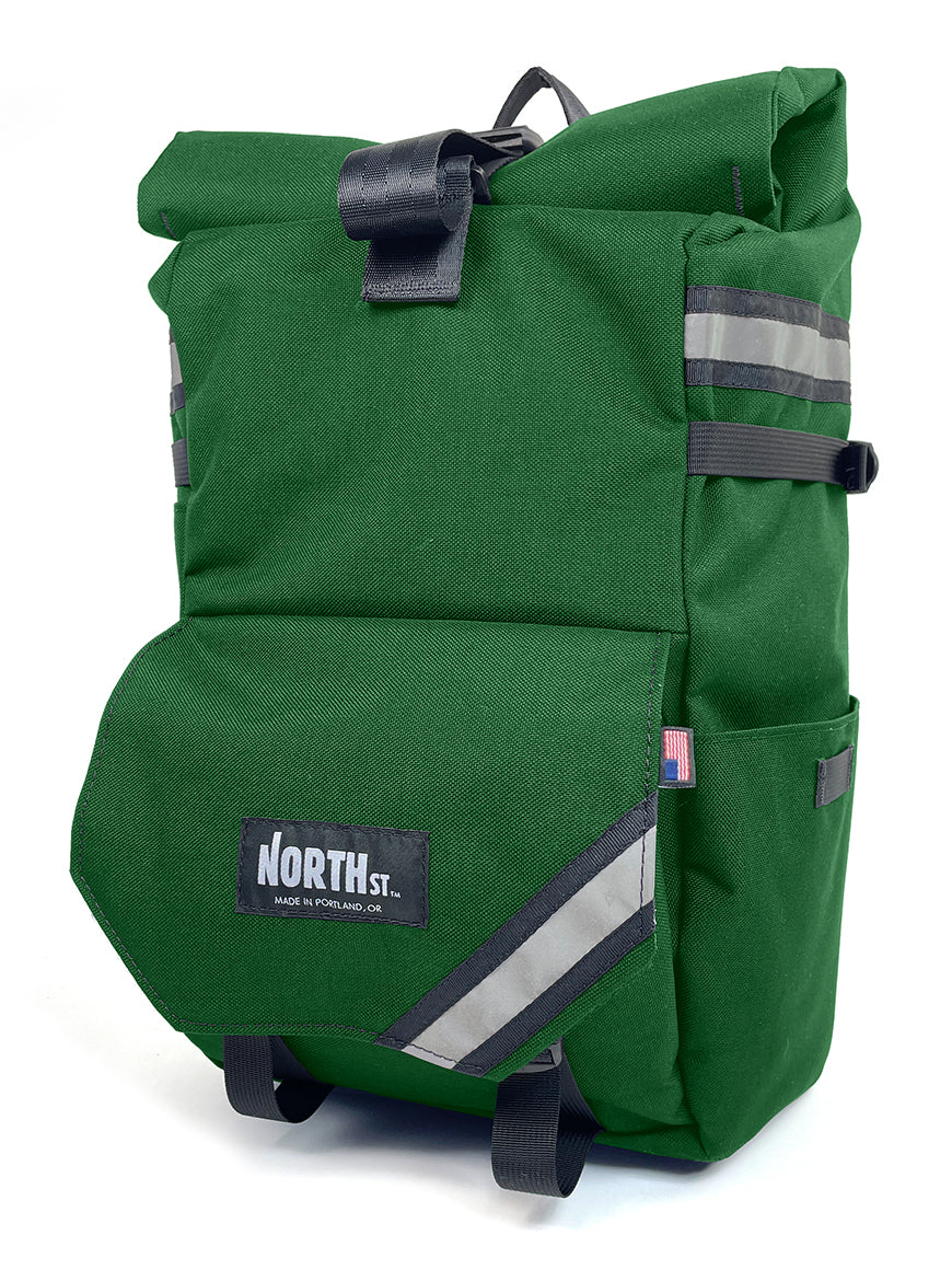 Front view of Woodward Backpack Pannier in forest green - North St Bags