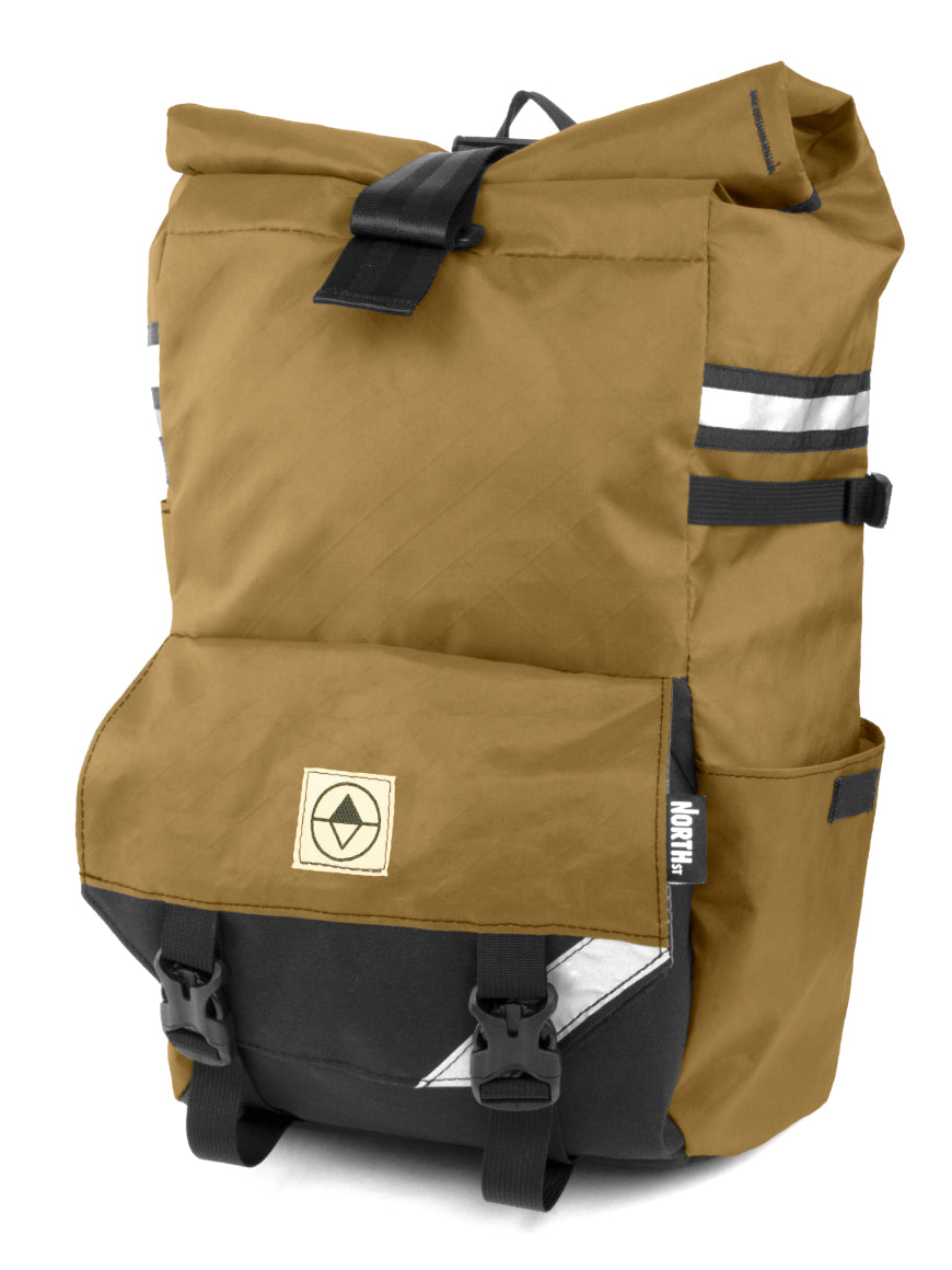 Front view of Woodward Backpack Pannier in coyote - North St Bags
