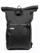 Black roll-top backpack with a visible brand logo on a white background