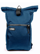 Midnight Blue roll-top backpack with a visible brand logo on a white background