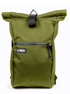 Olive Green roll-top backpack with a visible brand logo on a white background