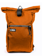 Orange roll-top backpack with a visible brand logo on a white background