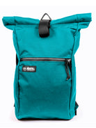 Teal roll-top backpack with a visible brand logo on a white background