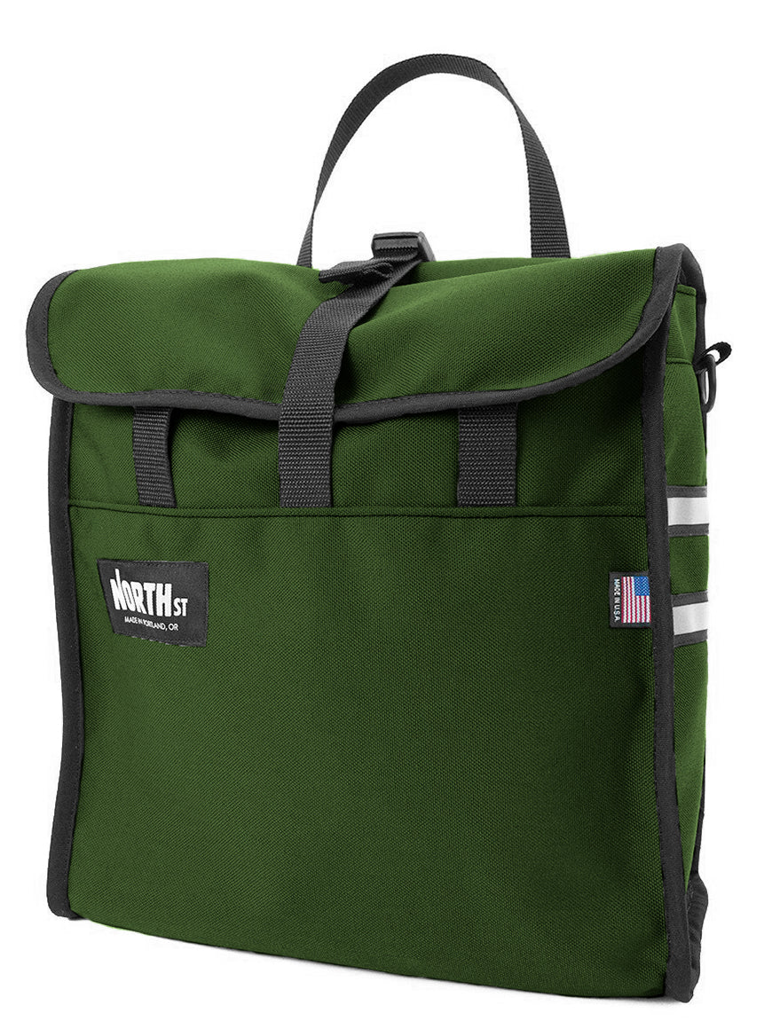 Front view of grocery pannier in forest green - North St. Bags