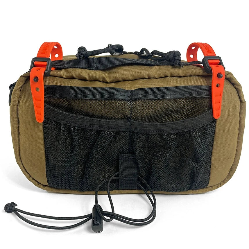 Back view of Handlebar Pack showing shock cord compression strap and mesh pouches. - North St Bags all-groups