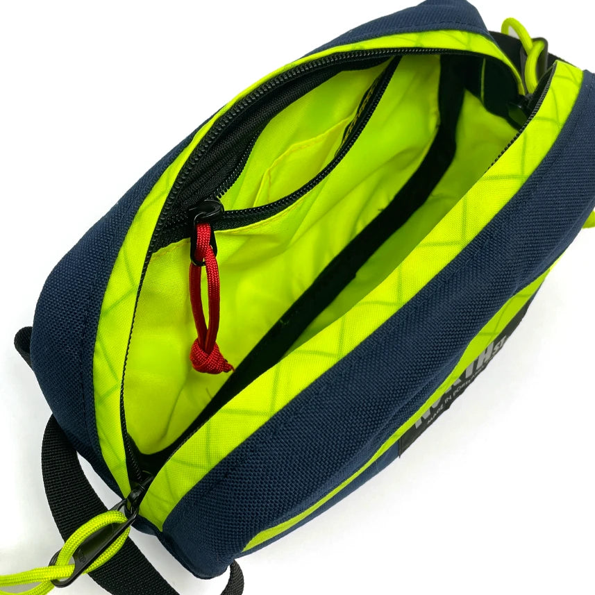Interior view of Pioneer 9 Handlebar Pack in midnight and yellow - North St. Bags
